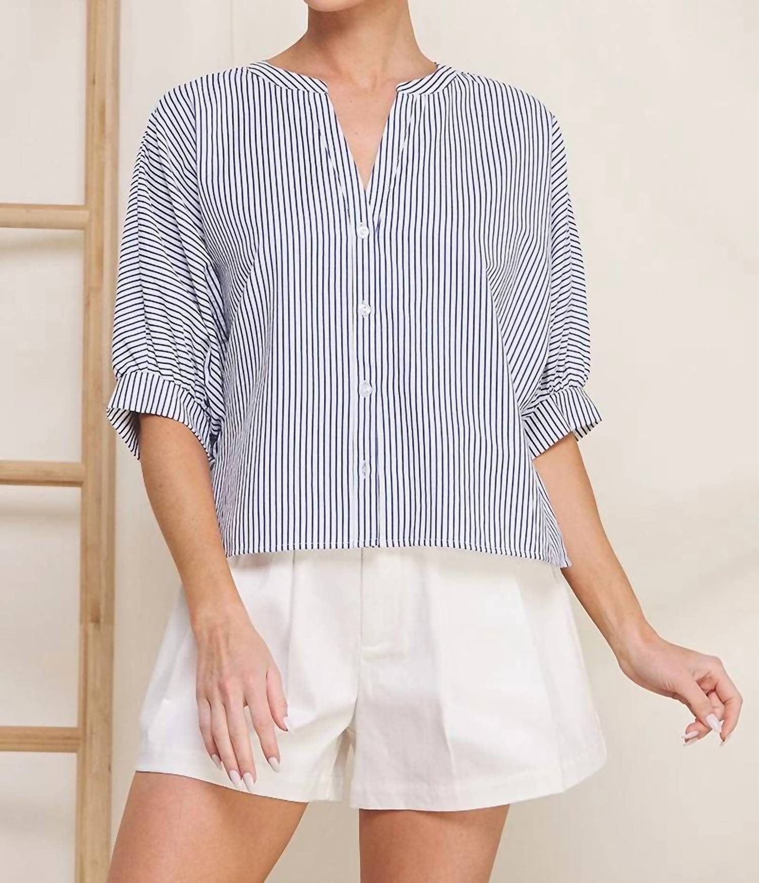 Allie Rose - Olga Pinstripe Seersucker Dolman Blouse