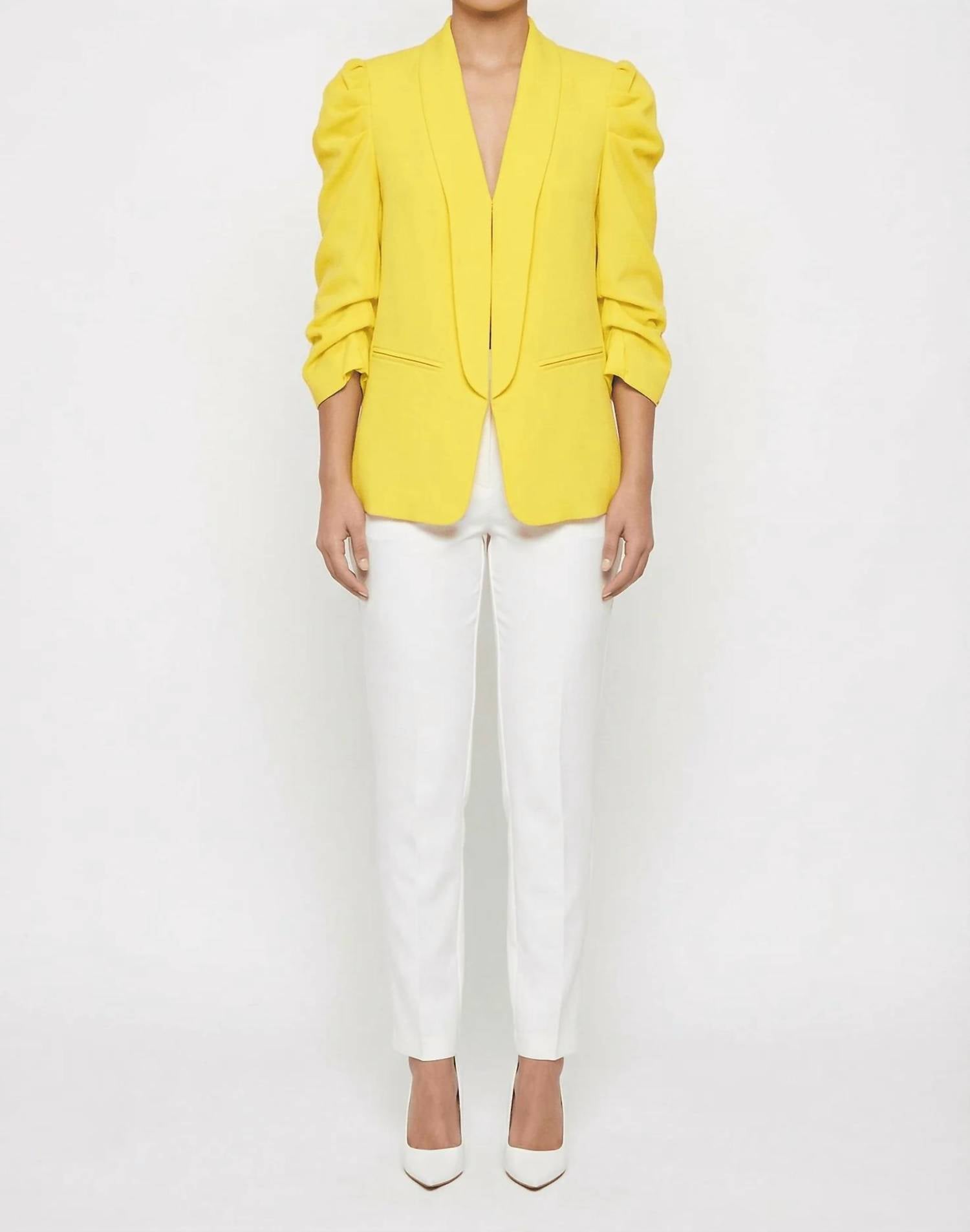 Linzy - Ruched Puff Sleeve Open-Front Blazer