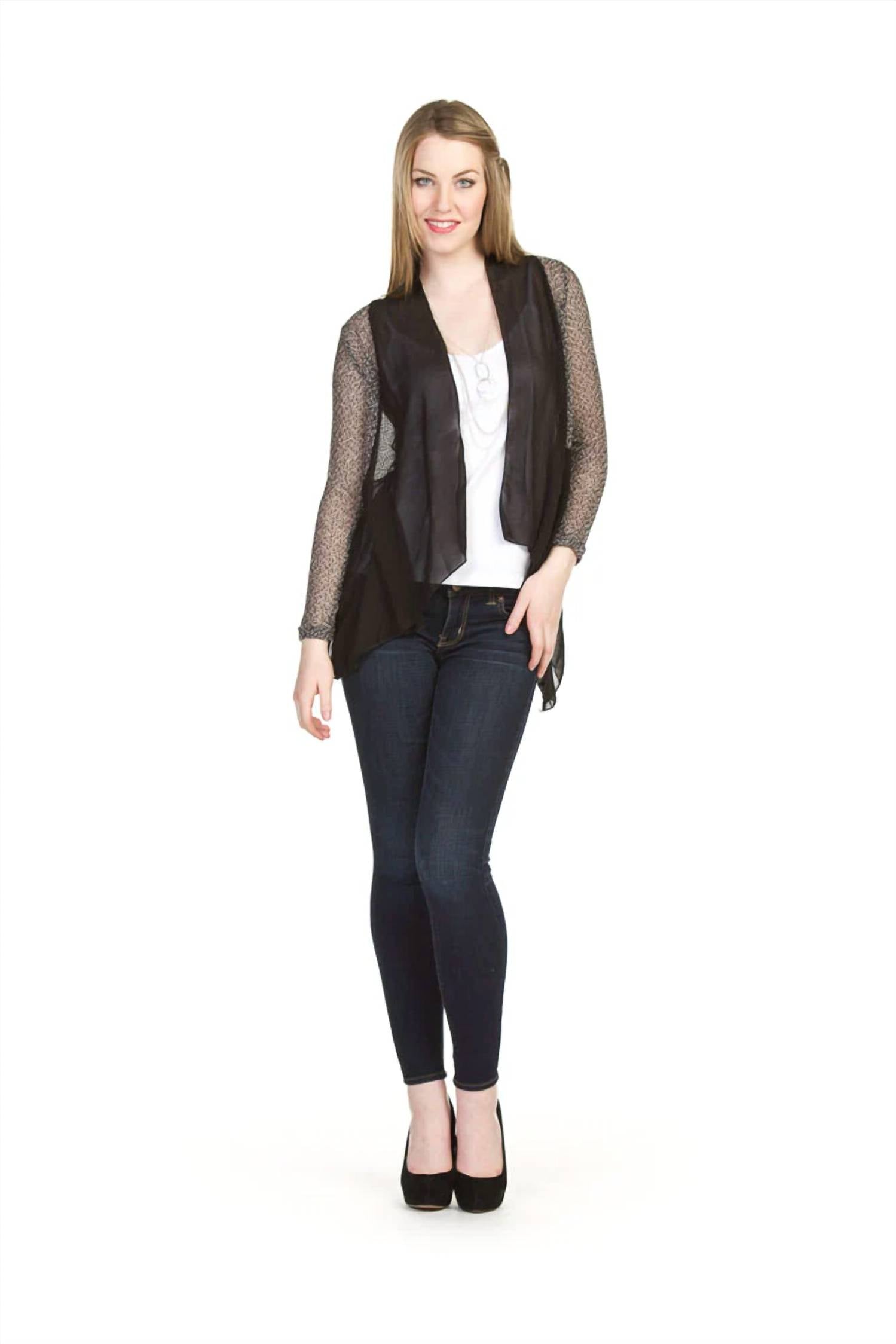 Papillon - Heathered Mesh & Georgette Open Cardigan
