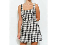 Ina Fashion - Check Tweed Brooch Detail Belted Mini Dress