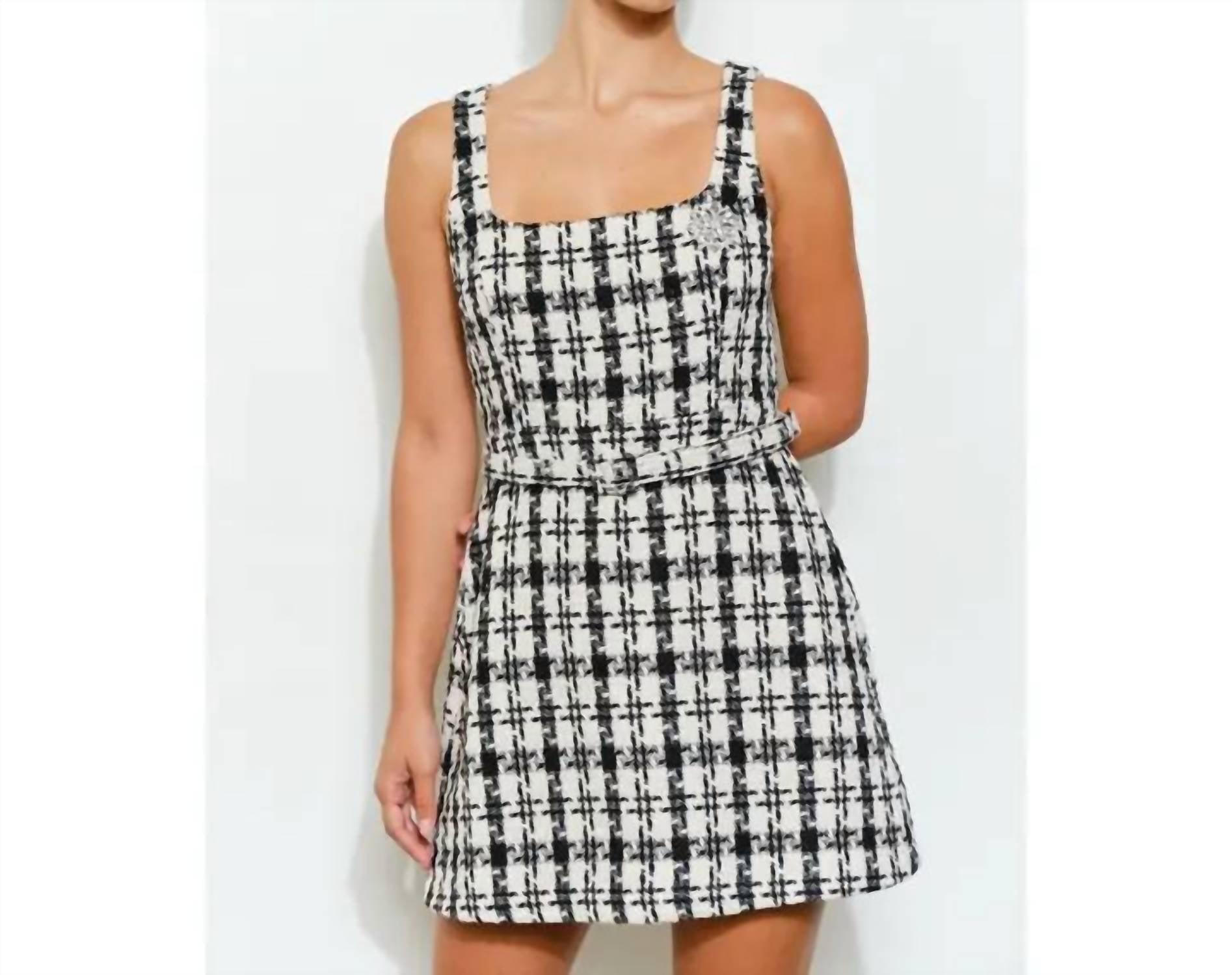 Ina Fashion - Check Tweed Brooch Detail Belted Mini Dress