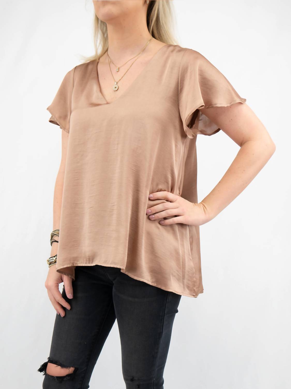 ADRIENNE Satin Flutter Top in taupe - women's t-shirt - detail view