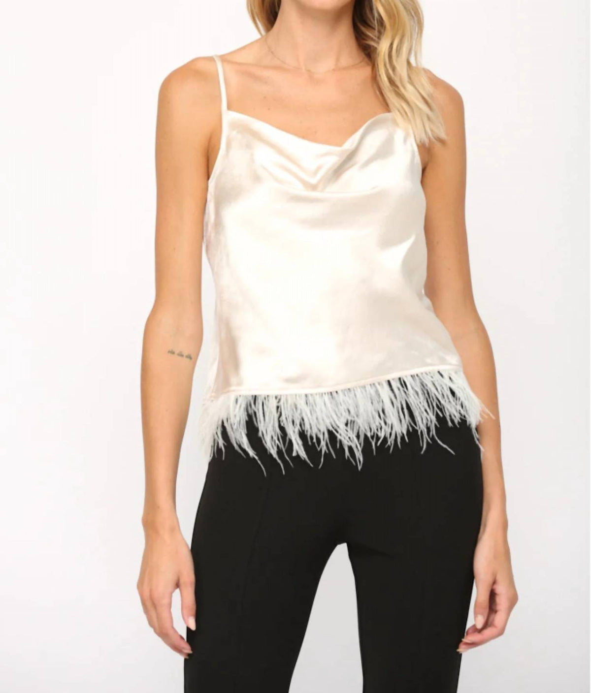 Fate By Lfd - Leah Feather Trimmed Cowl Neck Cami