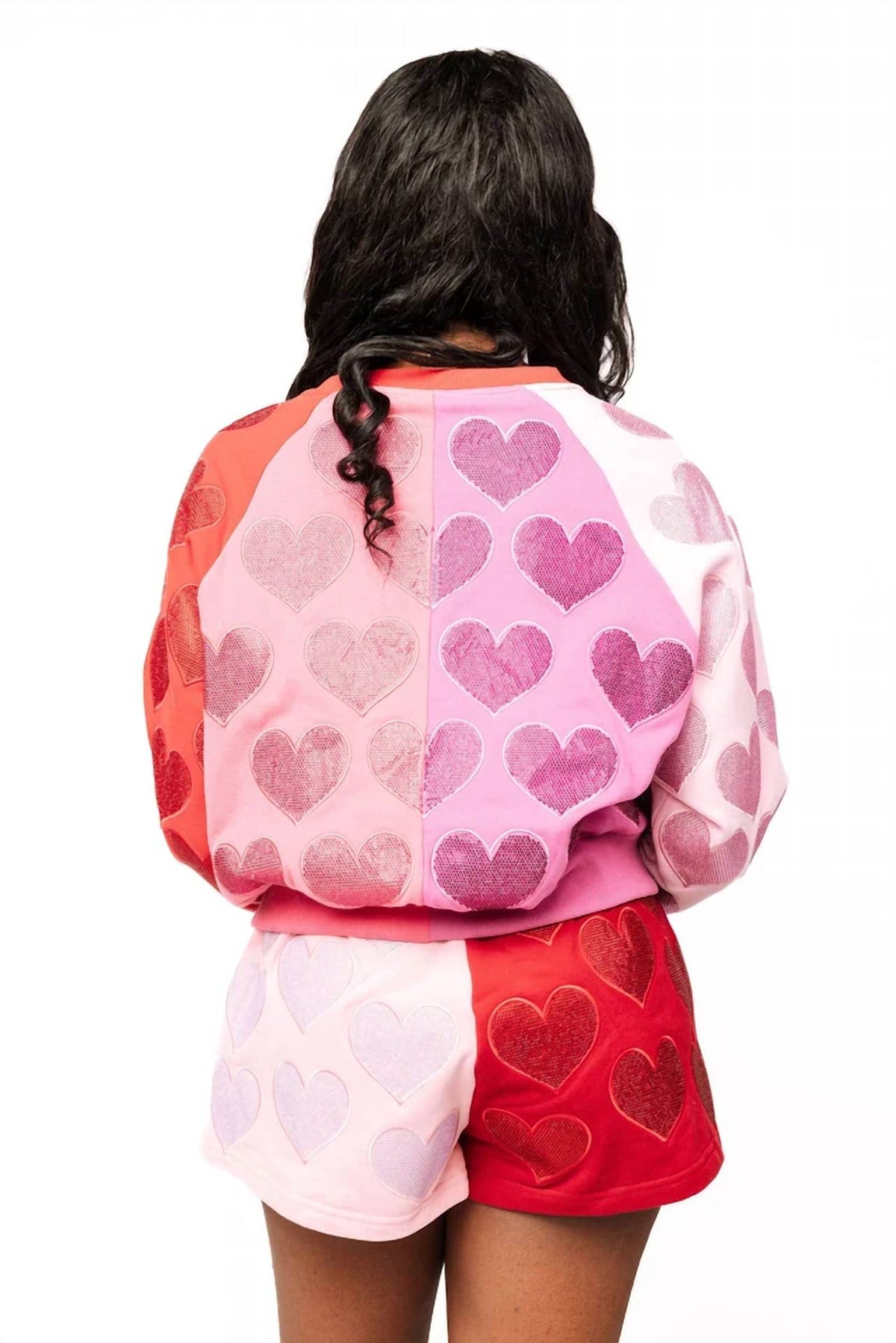 Queen Of Sparkles - Colorblock Rhinestone Hearts Sweatshirt