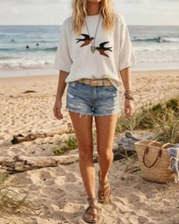 Sewn And Seen - Bird Graphic Lightweight Sweater Top