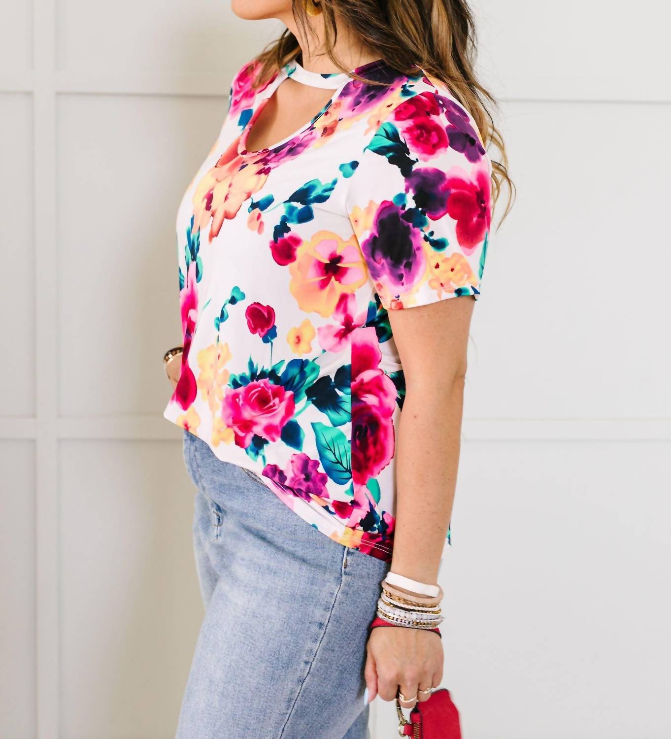 Watercolor Flowers Keyhole Top