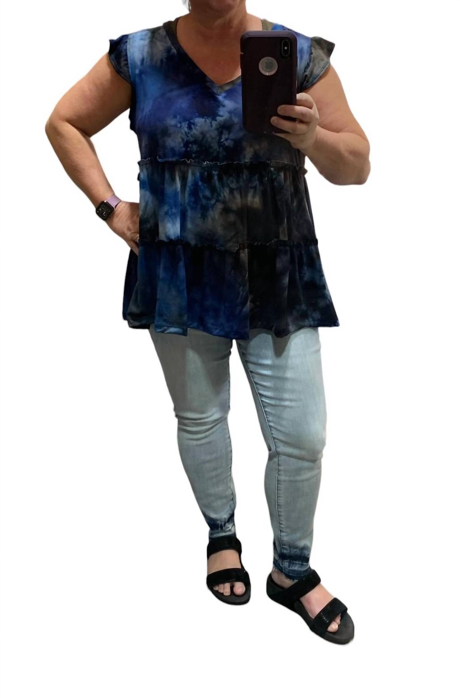 Sew In Love - Women's Baby Doll Ruffle Sleeve Tie Dye Tank Top