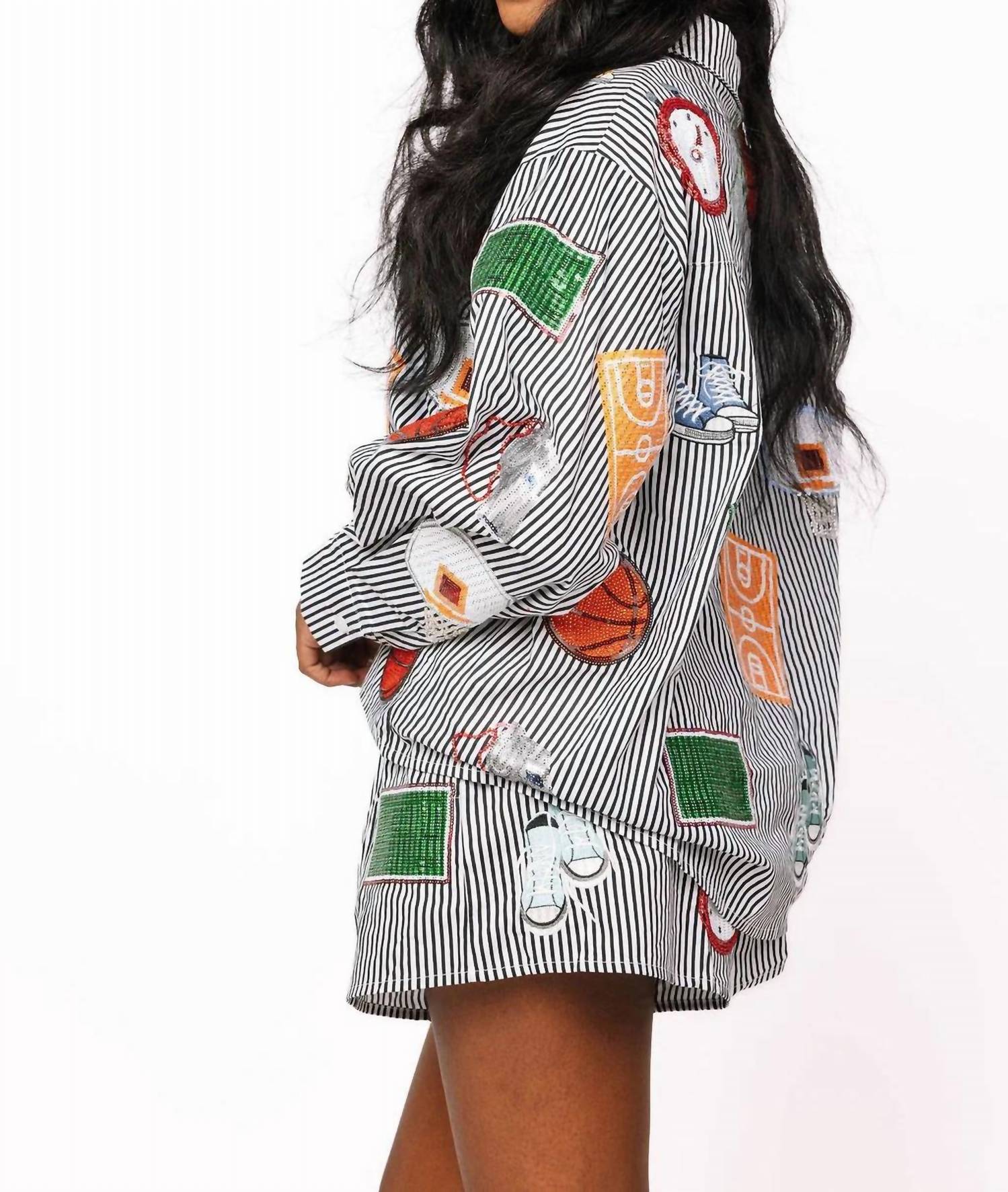 Queen Of Sparkles - Stripe Basketball Icon Button Up Top