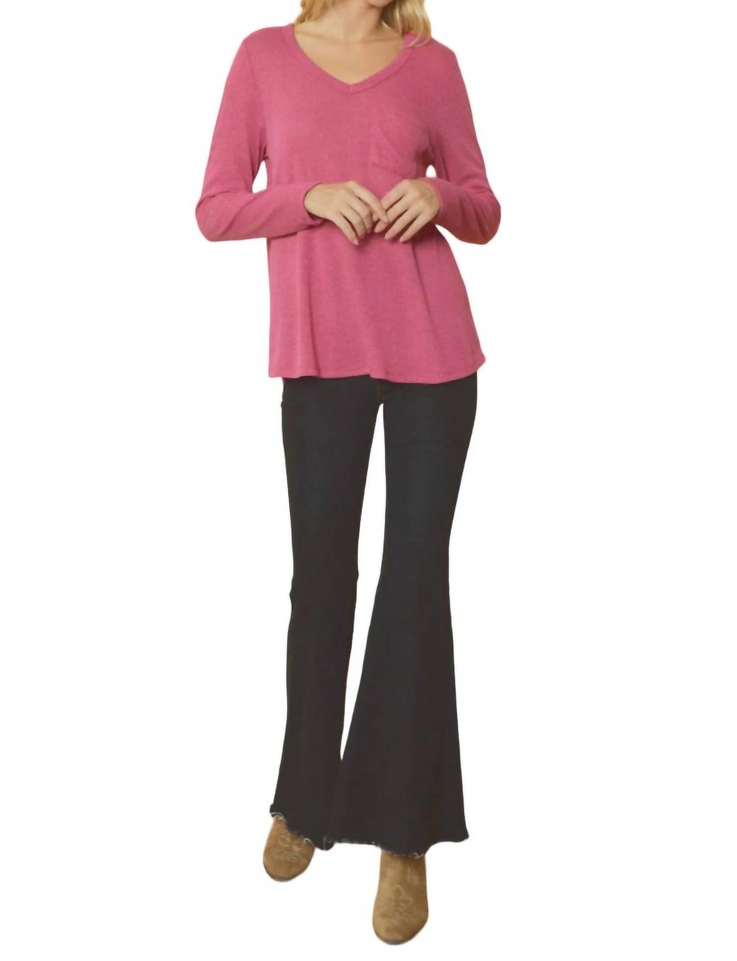Entro - Ribbed V Neck Long Sleeve Top