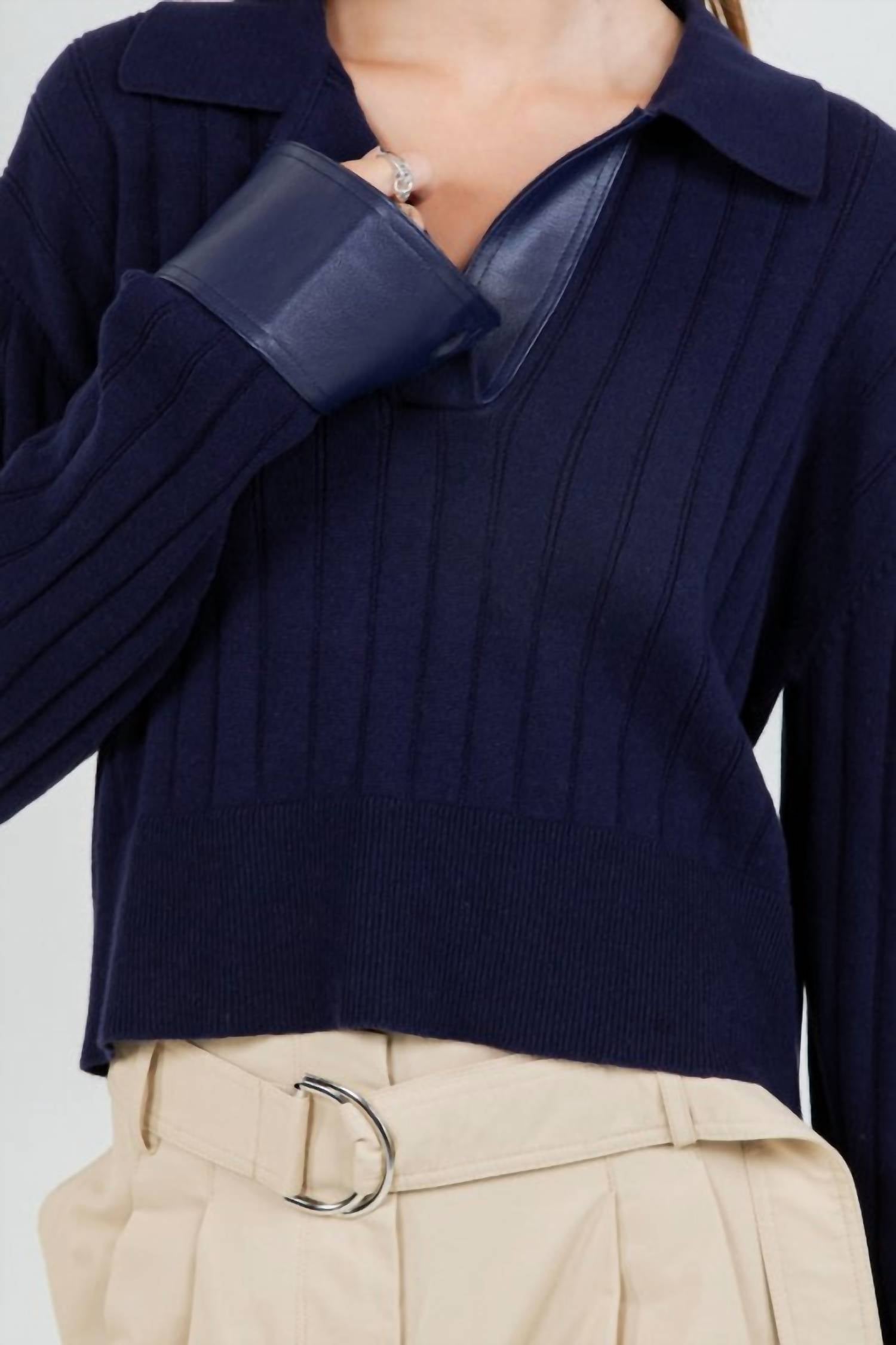 Whiteroom+Cactus - Faux Leather Knitted Long Sleeve Sweater