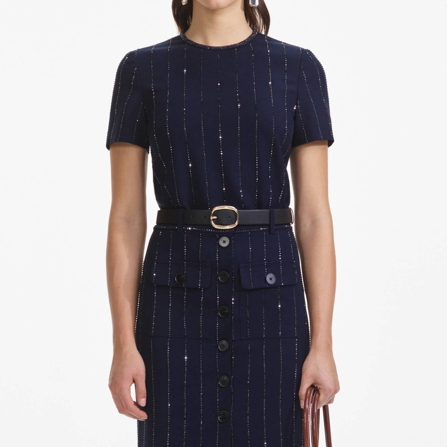 self-portrait Rhinestone pinstripe top in navy - women's t-shirt