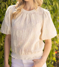 Voy - Floral Embroidered Elastic Knit Top