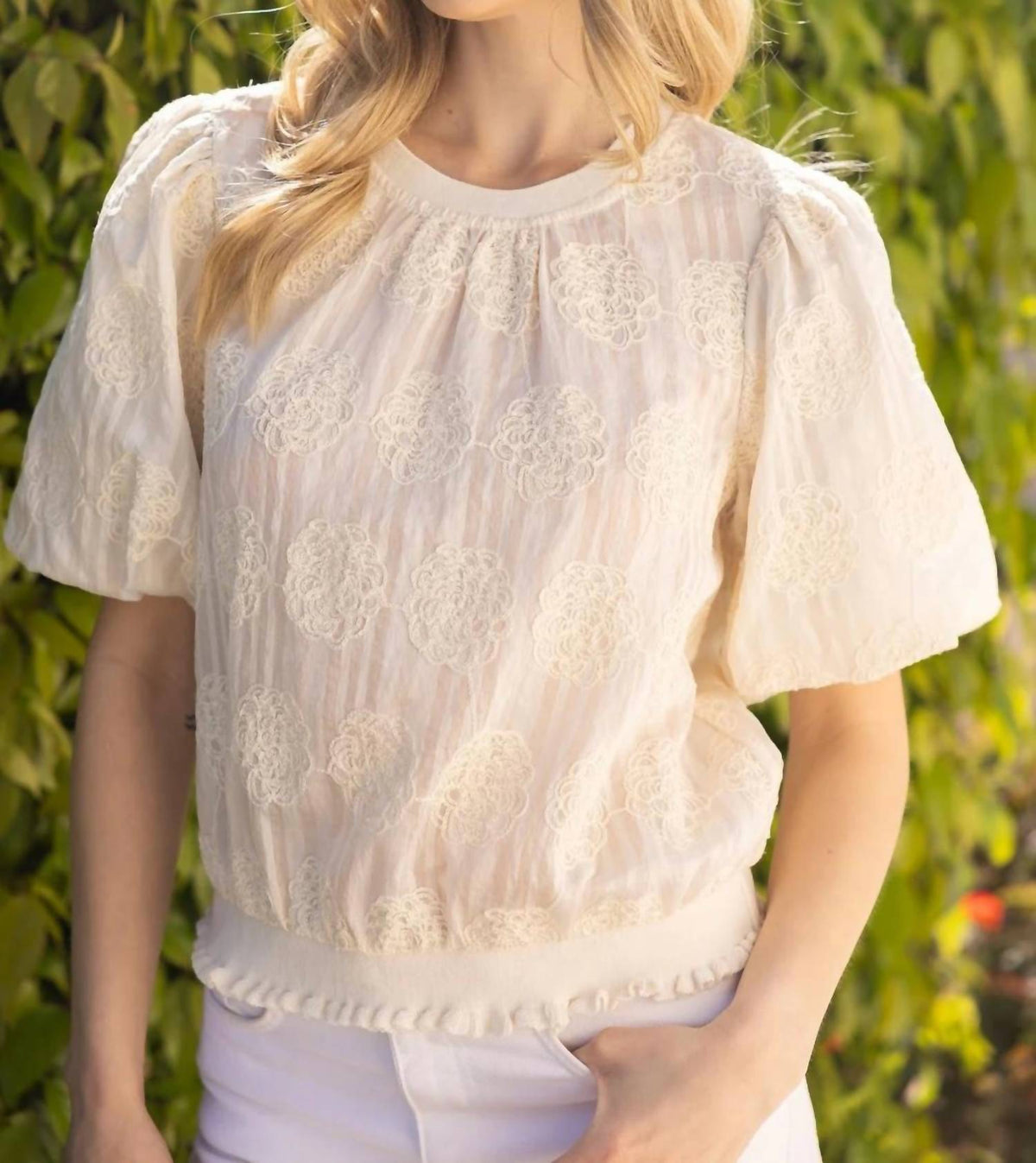 Voy - Floral Embroidered Elastic Knit Top