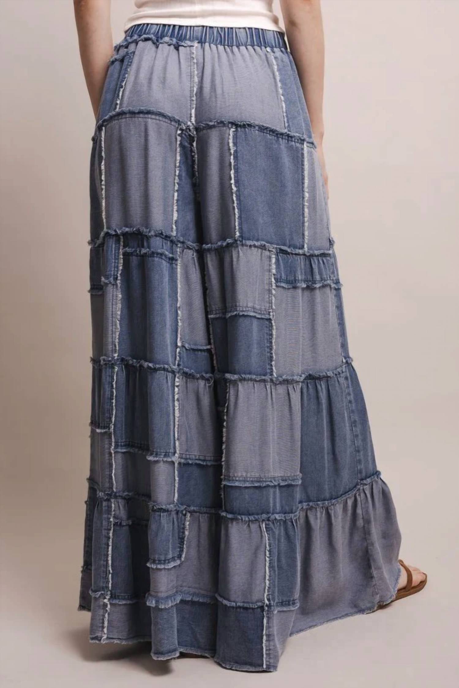 Blue Velvet - Wide Leg Patchwork Chambray Tiered Pants