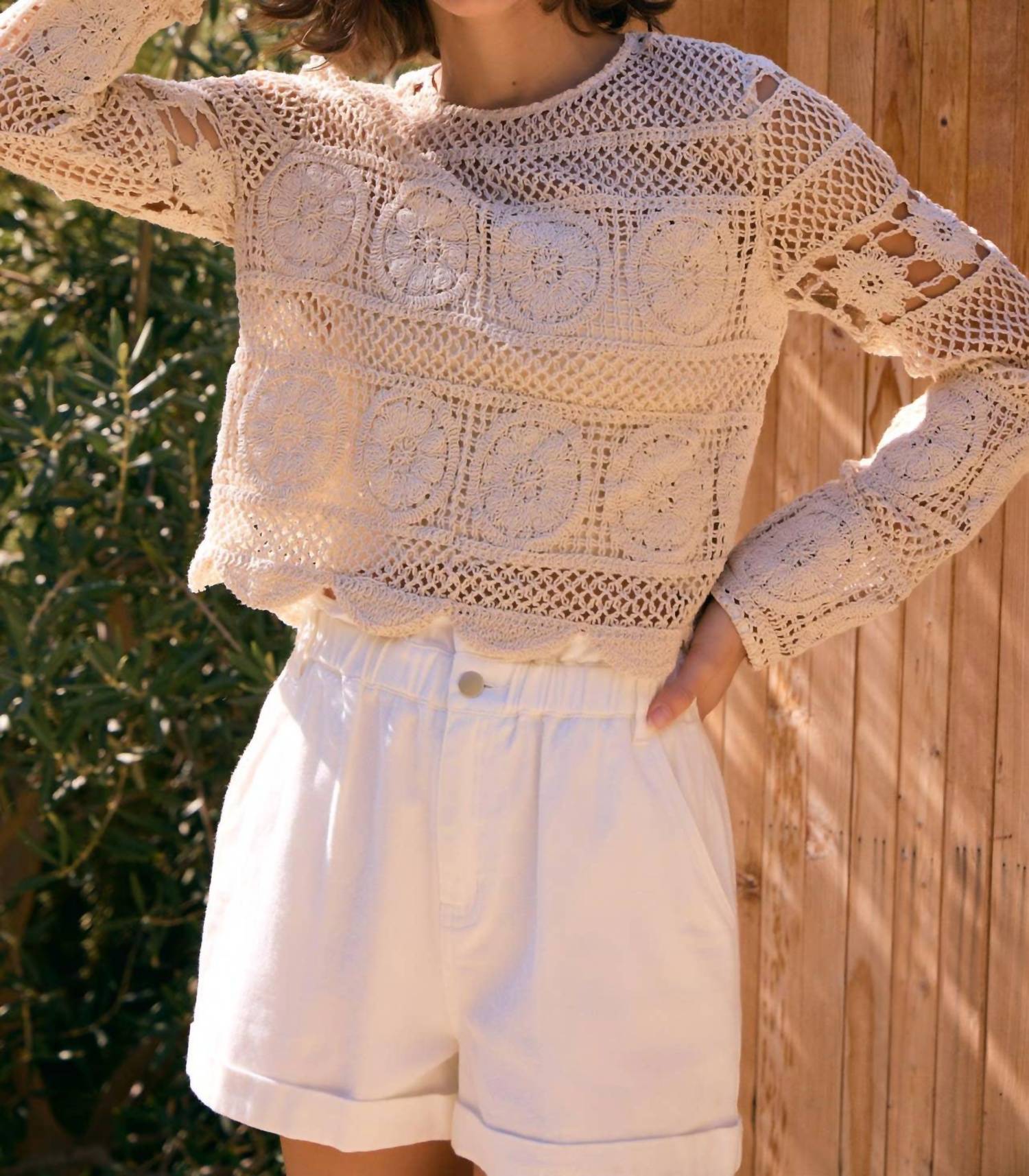 Idem Ditto - Floral Sheer Crochet Top And Skirt Set With Scallop Hem
