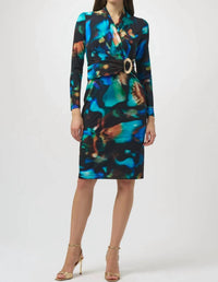 Joseph Ribkoff - Abstract Print Faux Wrap Long Sleeves Dress