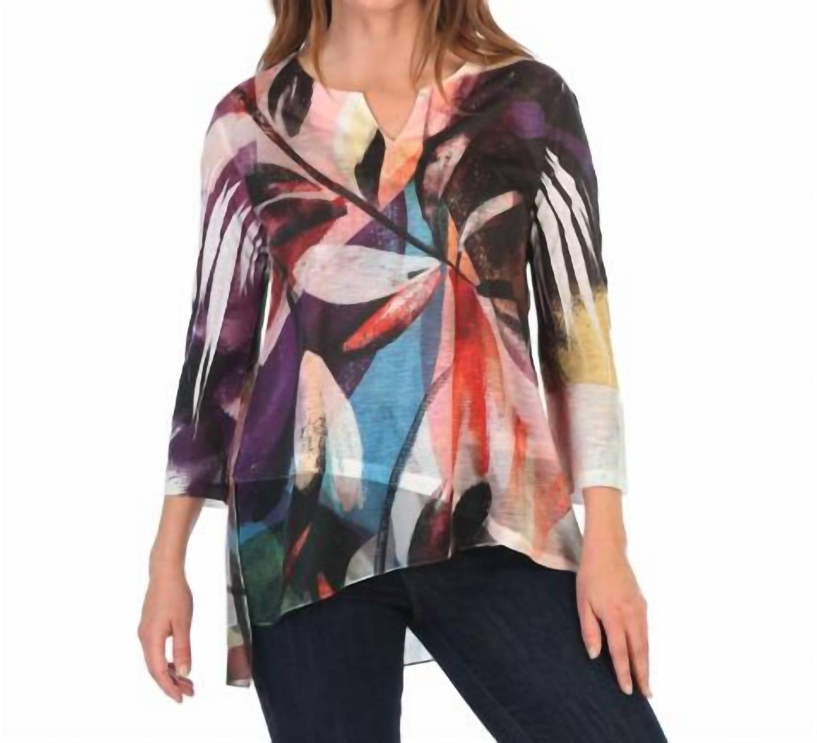 Jess & Jane Wind Ballad Slit V-neck Chiffon Contrast Top in multicolor abstract print - women's blouse
