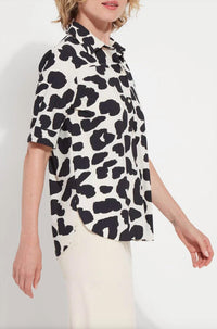 Lysse Women's Printed Josie Short Sleeve Button Down Shirt in navy multi - women's shirt - detail view