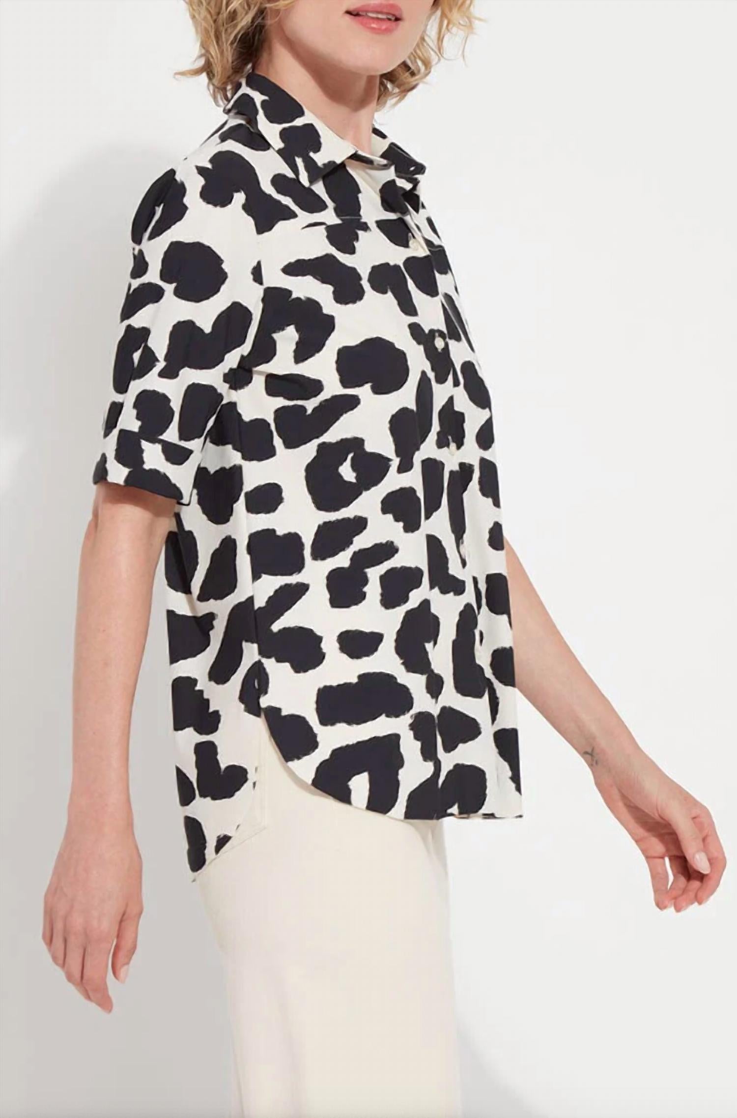 Lysse Women's Printed Josie Short Sleeve Button Down Shirt in navy multi - women's shirt - detail view