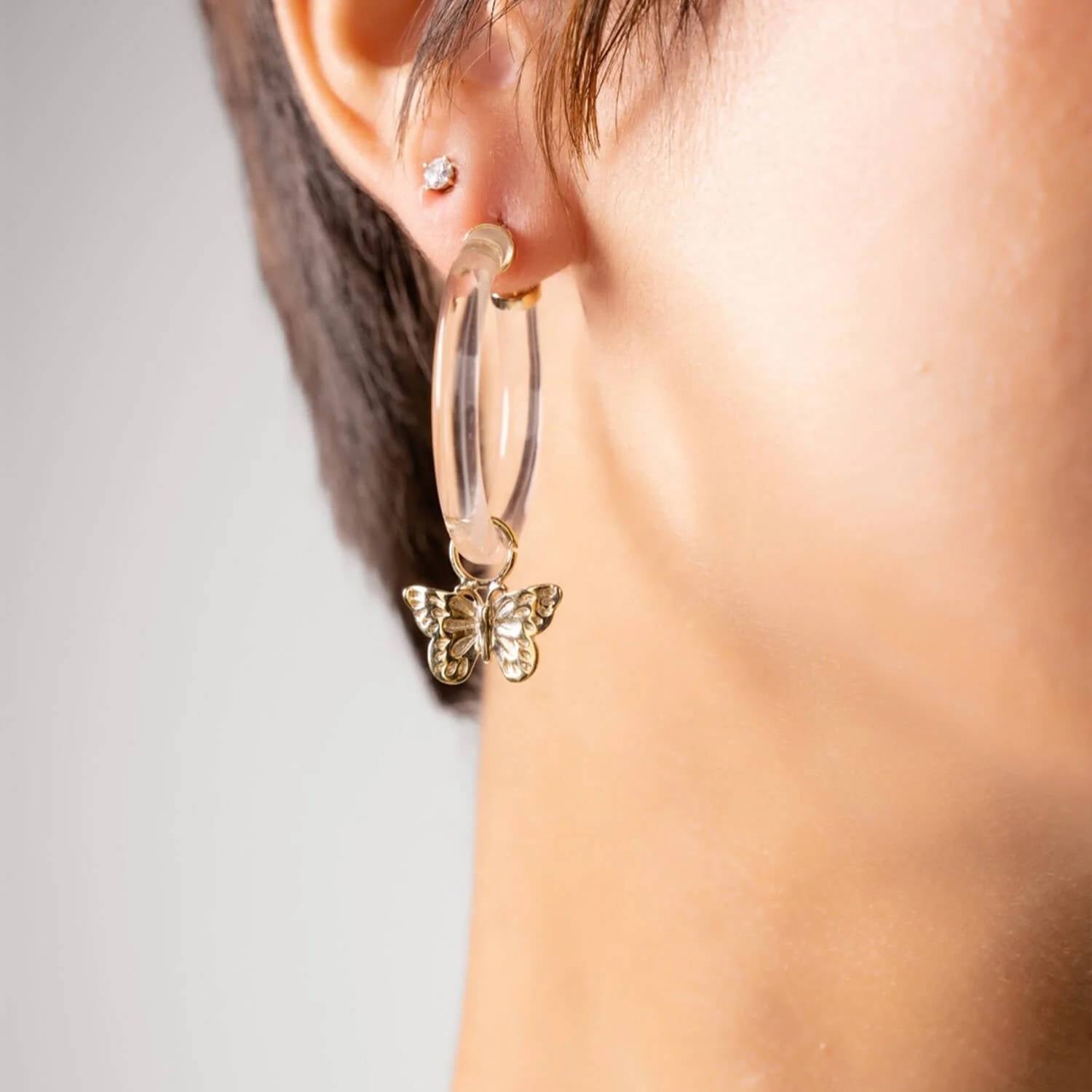 Gold & Honey - Butterfly Charm Lucite Hoop Earrings