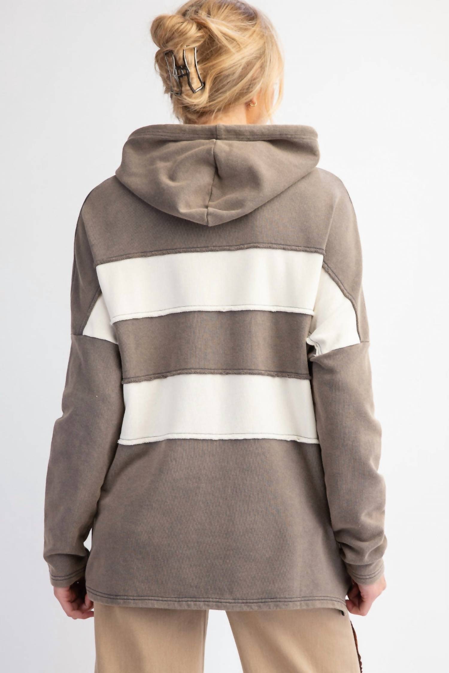 Easel Patched Up Hoodie in ash navy - women's top - detail view