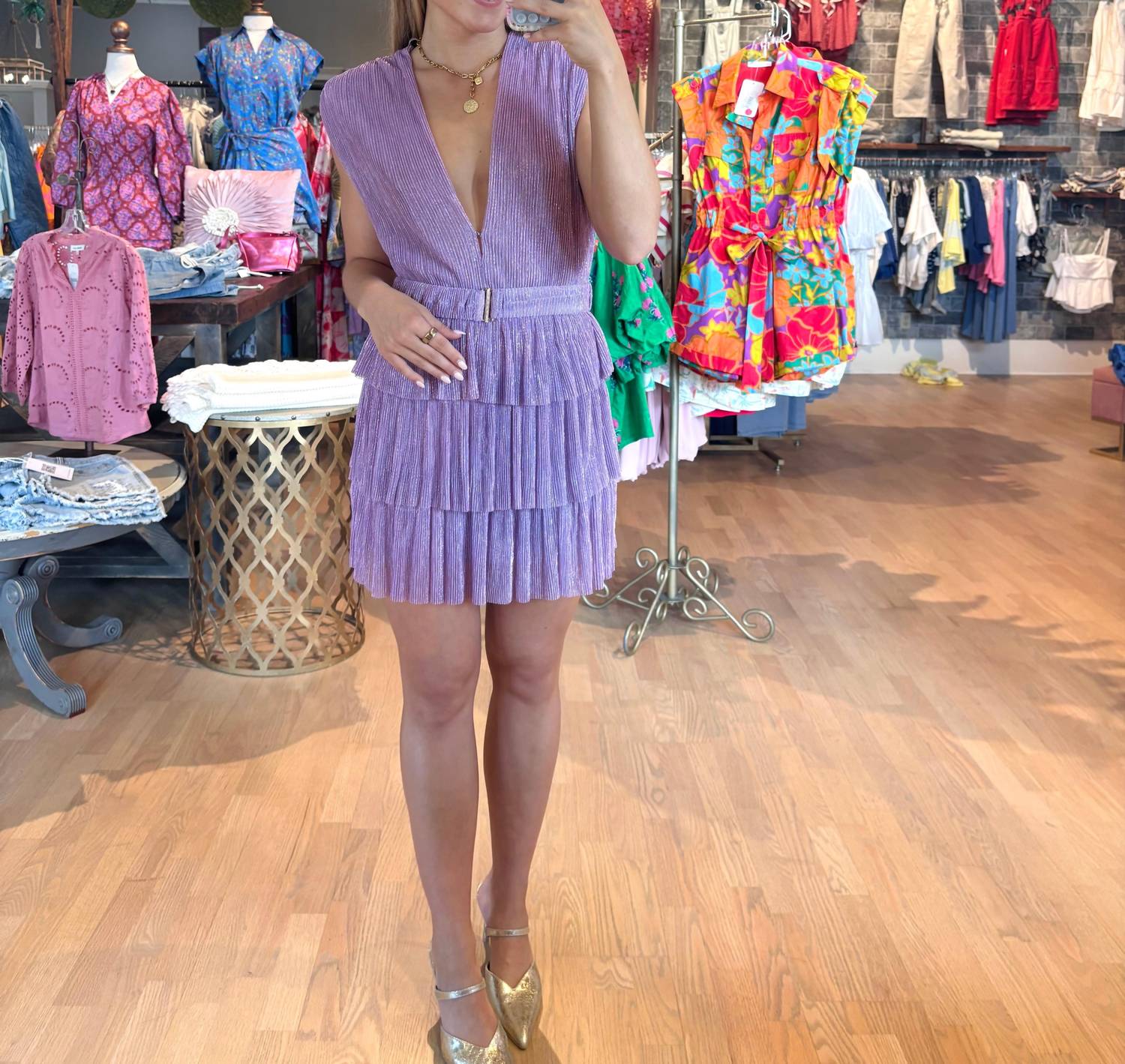 Karlie - Metallic Vneck Tier Belt Dress