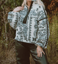 PROMESA Paisley Sherpa Long Sleeve Jacket in ink and ivory - women's jacket - detail view