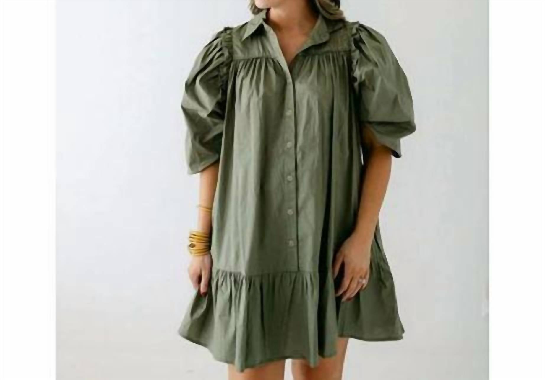 Karlie - Solid Button Puff Sleeve Ruffle Dress
