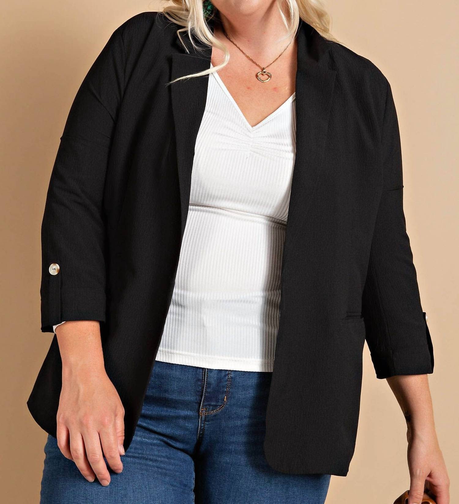 Kori - Floral Lined Crinkle Fabric Blazer - Plus