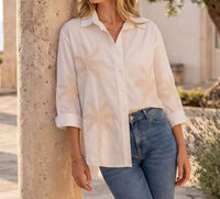 Karen Kane - Bell Sleeve Embroidered Palm Tree Shirt