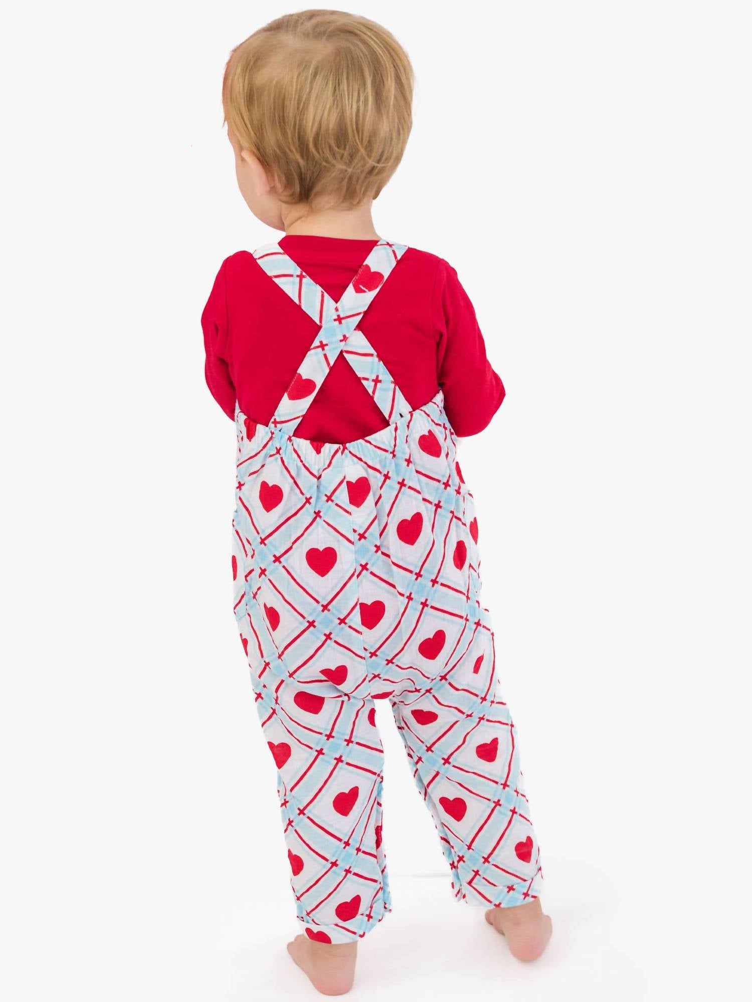 RuffleButts Baby Boy's Sweetheart Gauze Overall Jumpsuit in blue red - kids' item - view 4