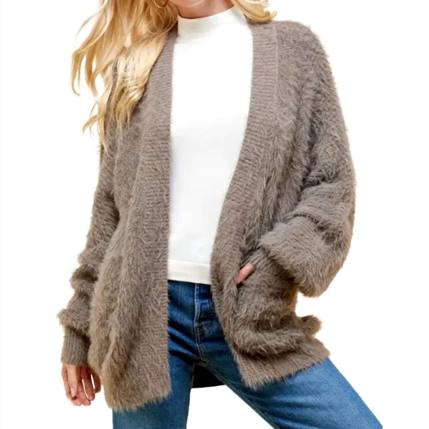 Pinch - Women's Open Front Fuzzy Eyelash Knit Cardigan
