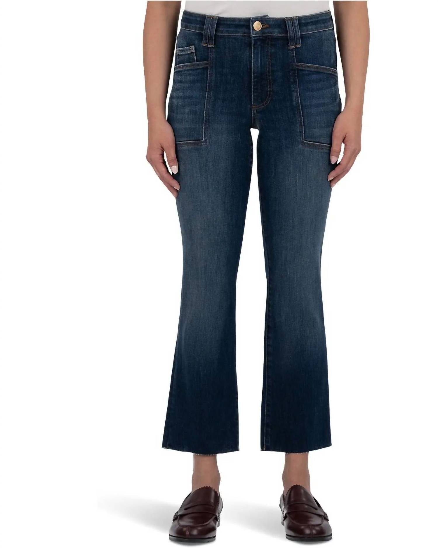 KUT FROM THE KLOTH Kelsey High Rise Flare Front Pockets Inset Raw Hem Jean in precocious - women's jeans