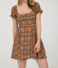 Blu Pepper - Plaid Short Puff Sleeve Mini Dress