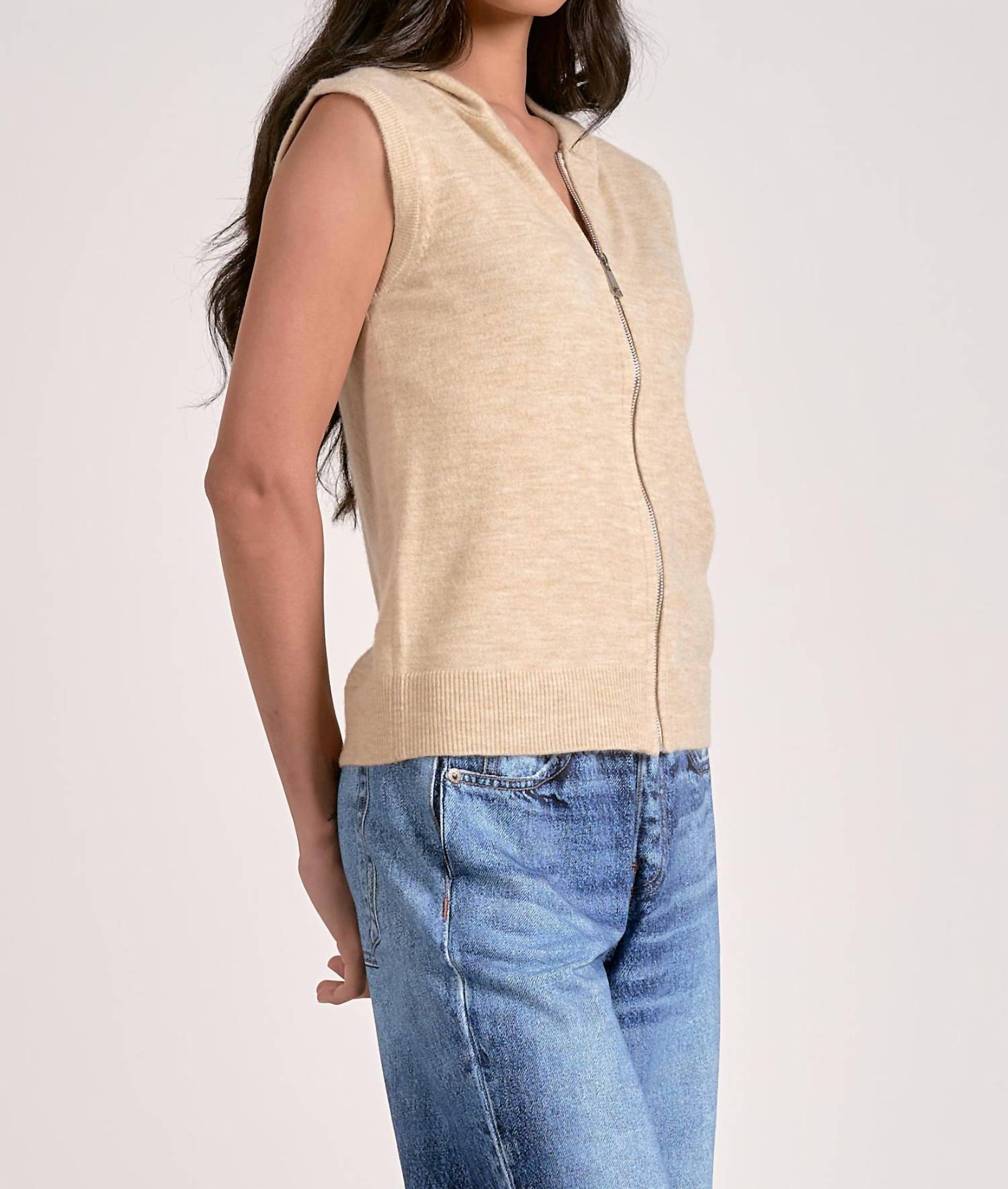 Elan - Irene Sleeveless Zip Up Sweater Vest Hoodie