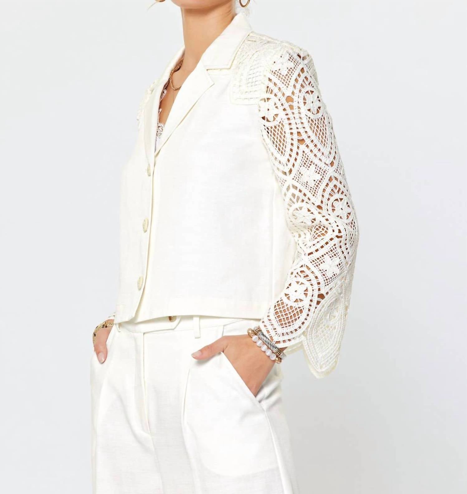 current air Crochet Lace Detail Jacket in ivory - women's jacket - detail view