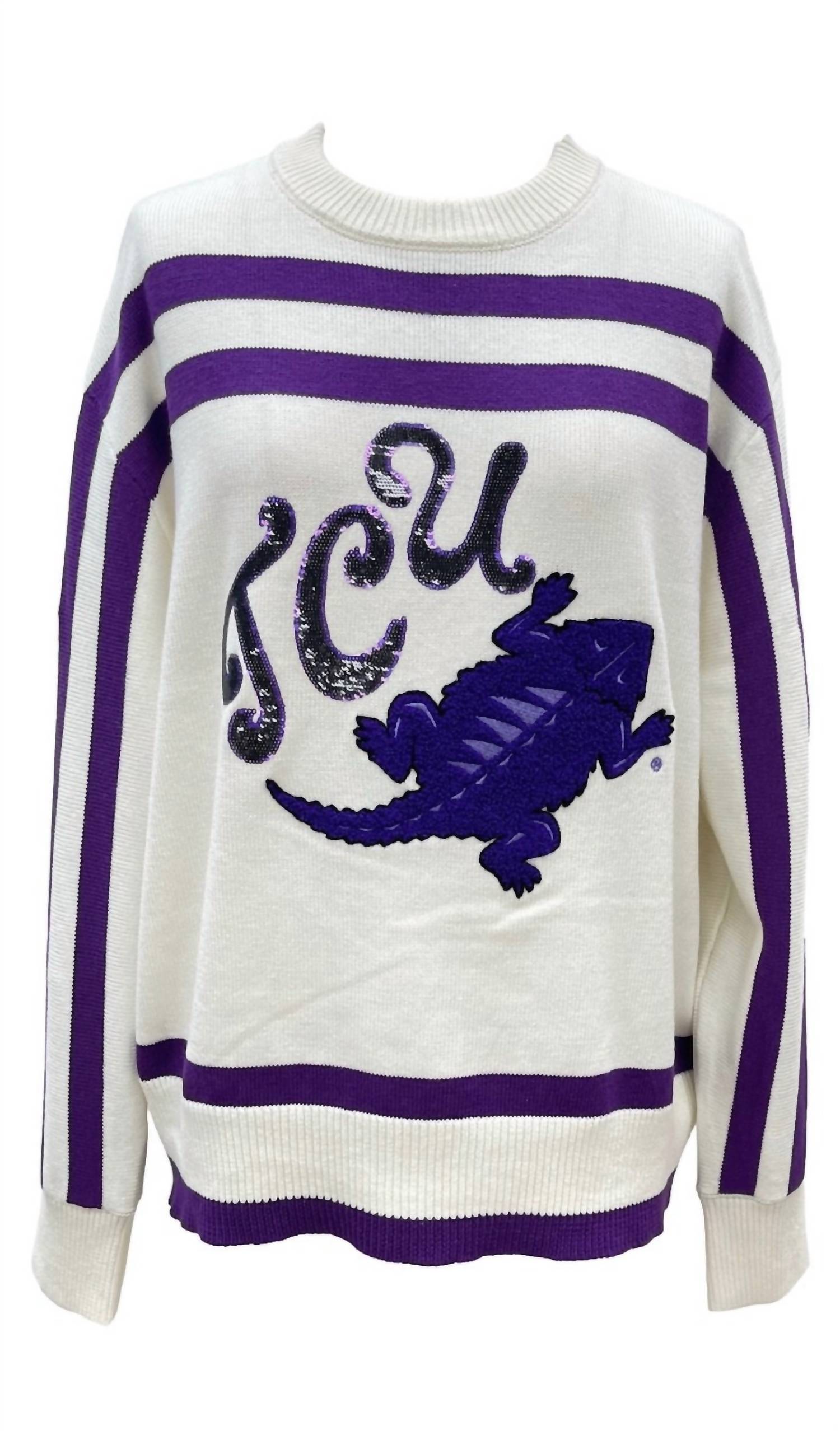 QUEEN OF SPARKLES Tcu Hornfrogs Striped Long Sleeve Sweater in white purple - women's sweater - view 5