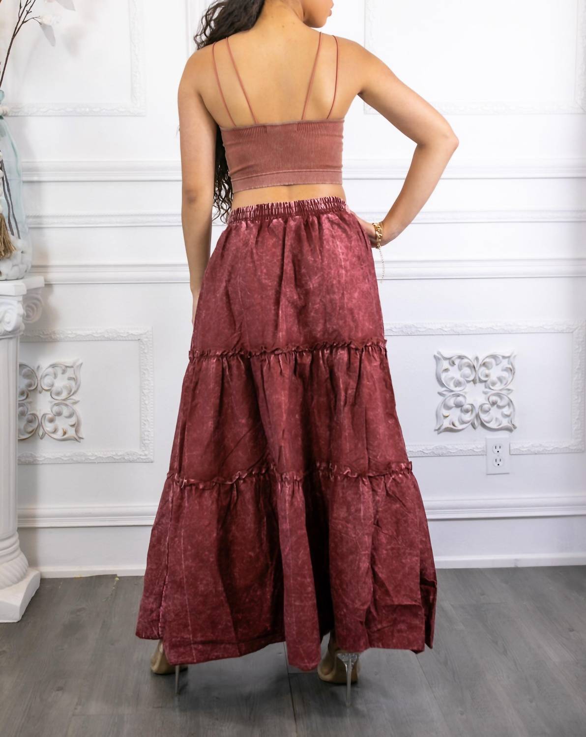 Surelymine - Woven Vintage Washed Maxi Skirt With Ribbed Double Strap Set
