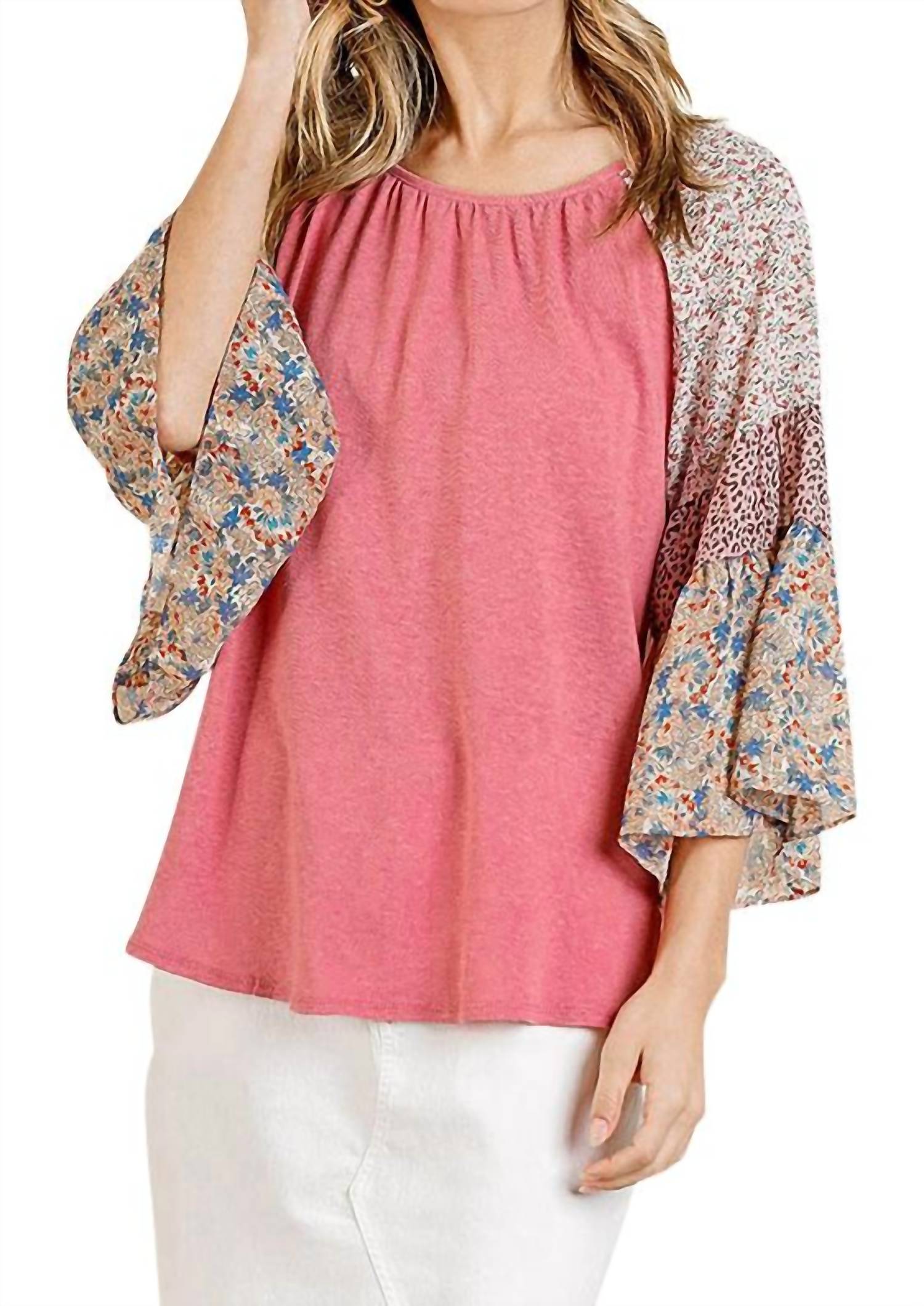 Umgee - Mixed Print Bell Sleeve Top