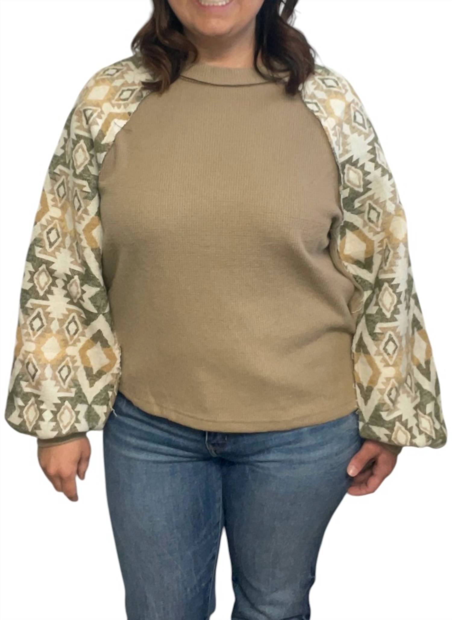 VERY J Amber Aztec Top in green - women's long sleeve top