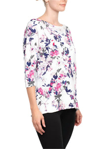 Joan Vass - Boat Neck 3/4 Sleeve Printed Jersey Top