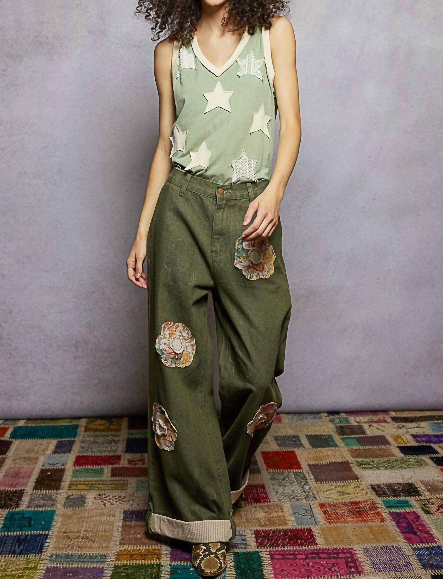 Pol - Charleston Wide Leg Denim Daisy Patchwork Cuff Jeans
