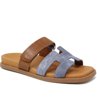 Django & Juliette Women's Nodette Flat Leather Sandal in washed denim tan sole - women's sandal