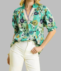 Umgee - Floral Split Neck Puff Sleeve Top
