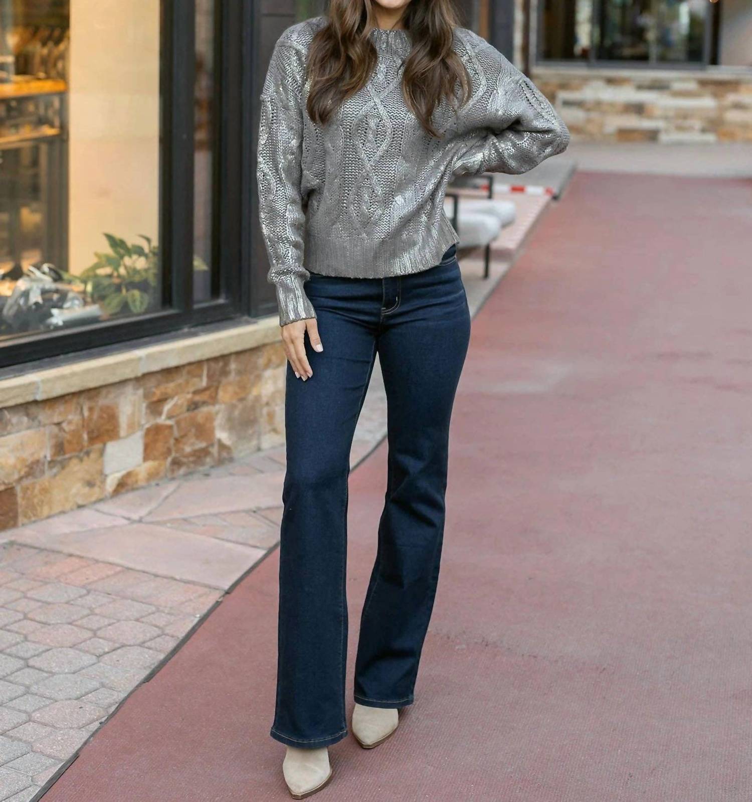 Grace and Lace Foiled Cable Knit Sweater in champagne shimmer - women's sweater - view 6