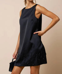 Lalavon - Audrey Beaded Detail Satin Sleeveless Shift Dress