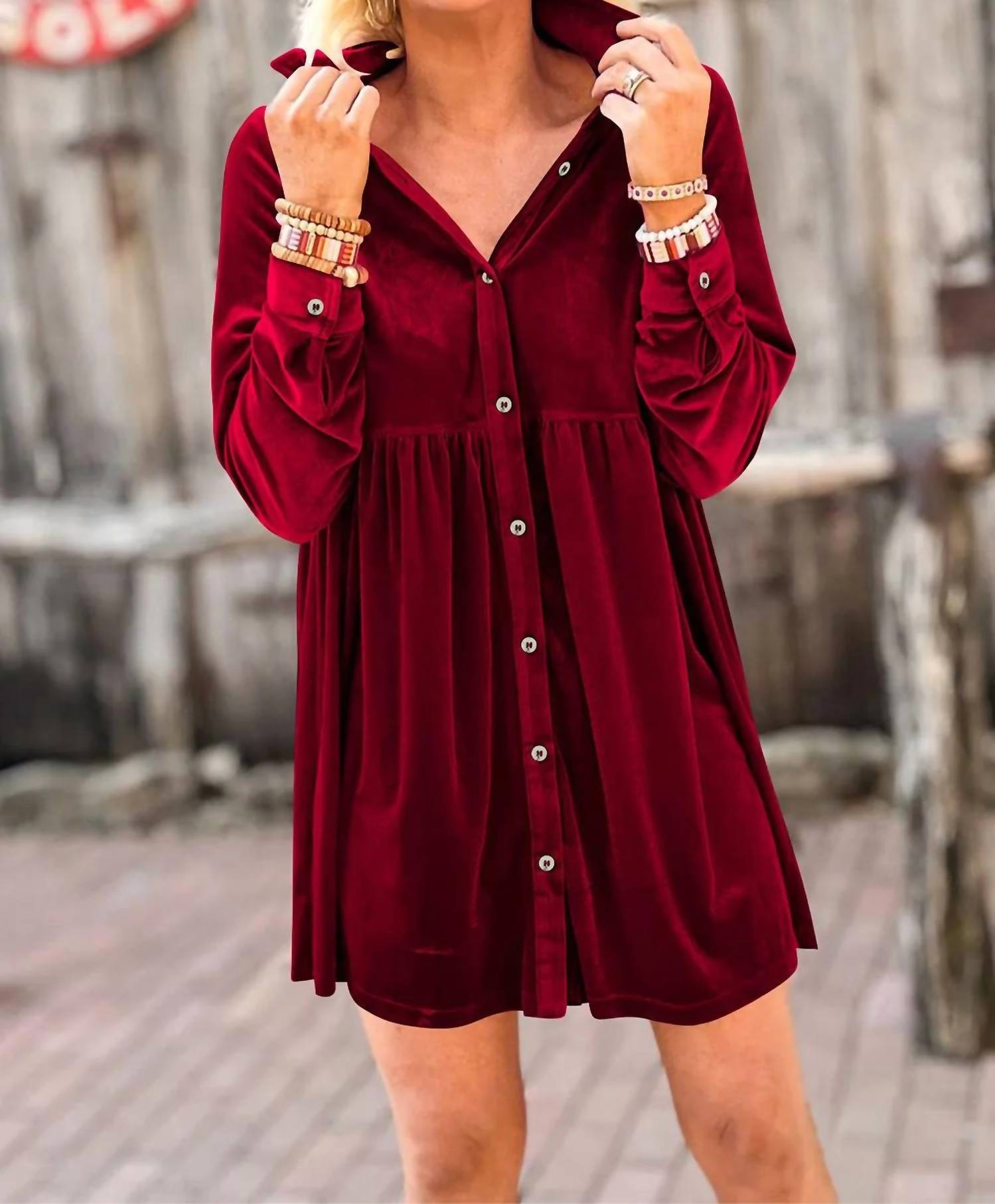 Dear Lover - Long Sleeve Ruffle Velvet Button Up Dress