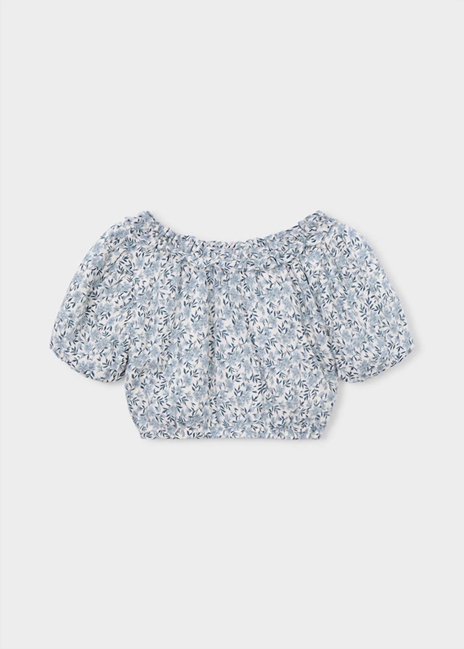 Mayoral Printed Floral Crop Top in sky blue - kids' blouse - detail view