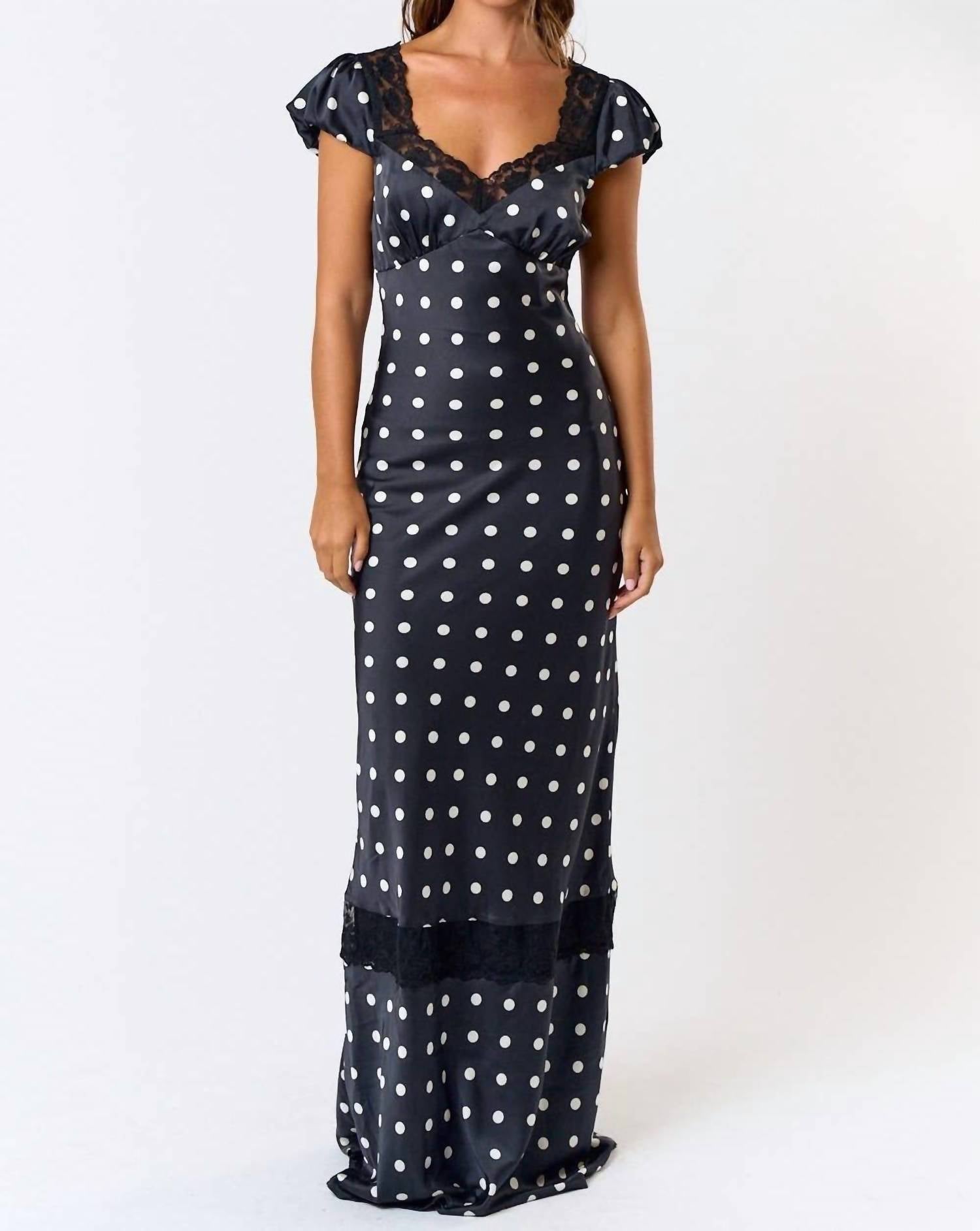 Blue Blush - Satin Polka Dot Lacy Maxi Dress