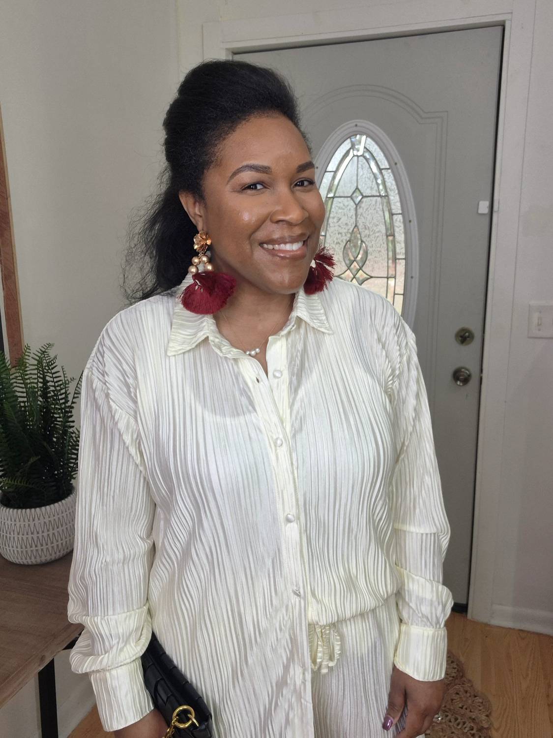 Blue B - Pleated Button Up Blouse And Pant Lounge Set